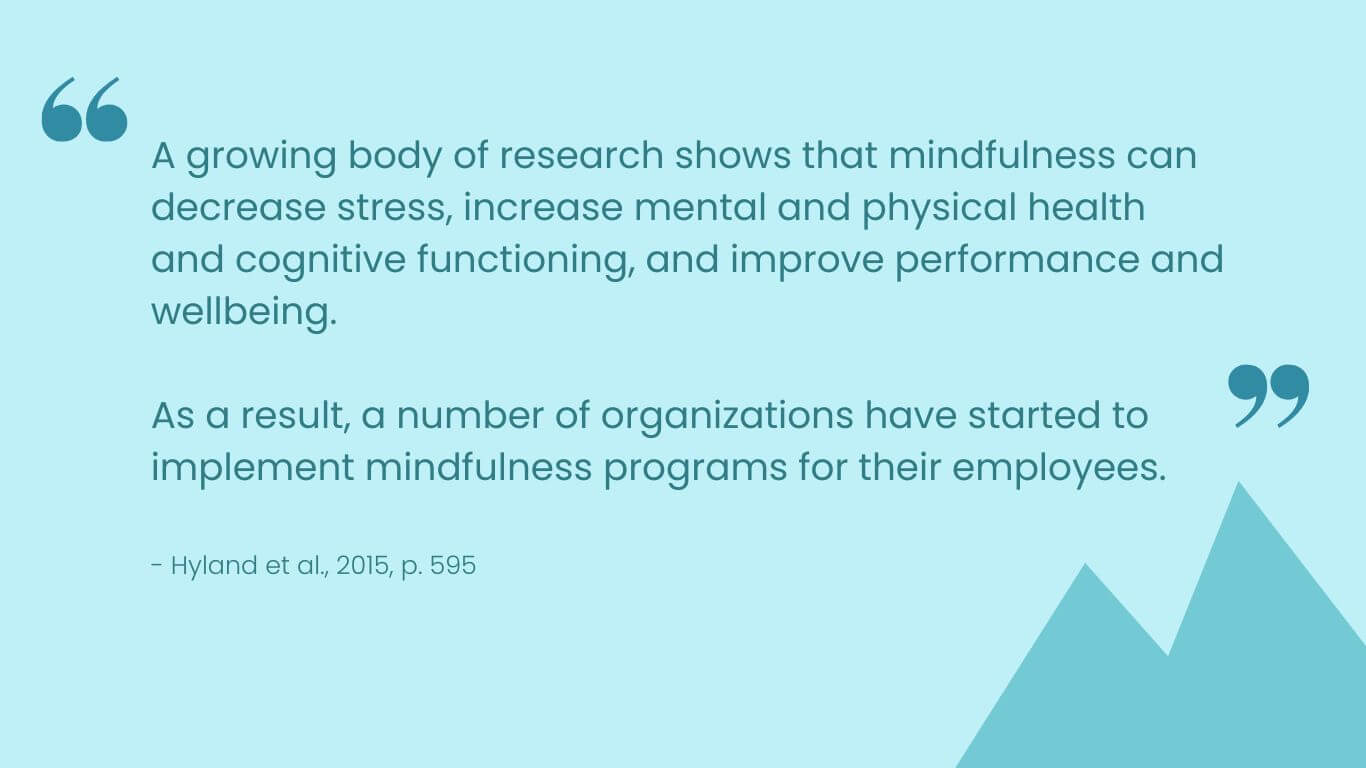 A growing body of research shows that mindfulness can decrease stress, increase mental and physical health and cognitive functioning, and improve performance and wellbeing. As a result, a number of organizations have started to implement mindfulness programs for their employees.

Hyland et al., 2015, p. 595